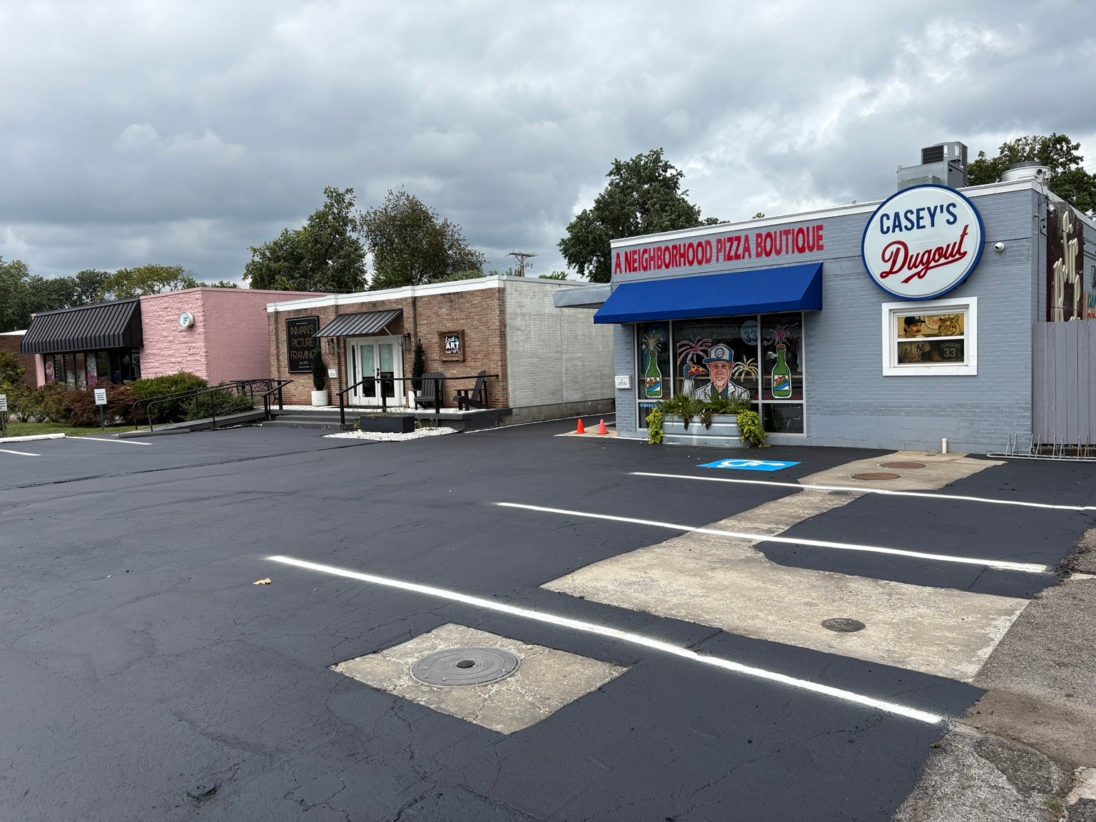 Freshly sealcoated and striped parking lot at Casey’s Dugout in Evansville, Indiana
